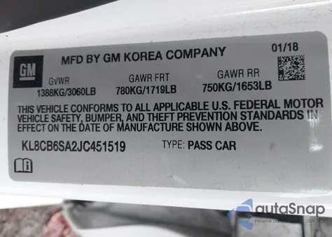 2018 Chevrolet Spark Ls Cvt z USA, uszkodzony, nr VIN KL8CB6SA2JC451519